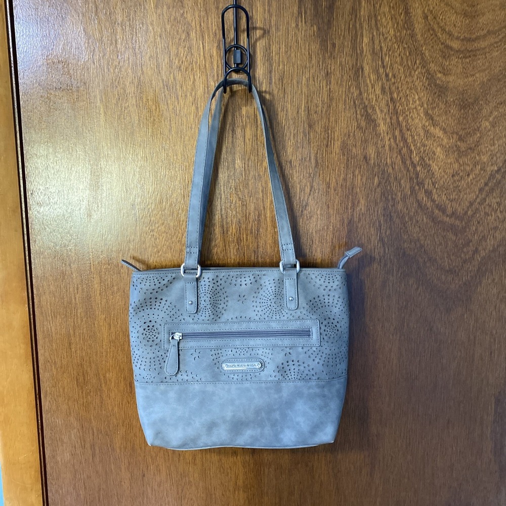 Stone Mountain Gray Nubuck Shoulder Bag Laser Cut Floral Purse Silver Hardware